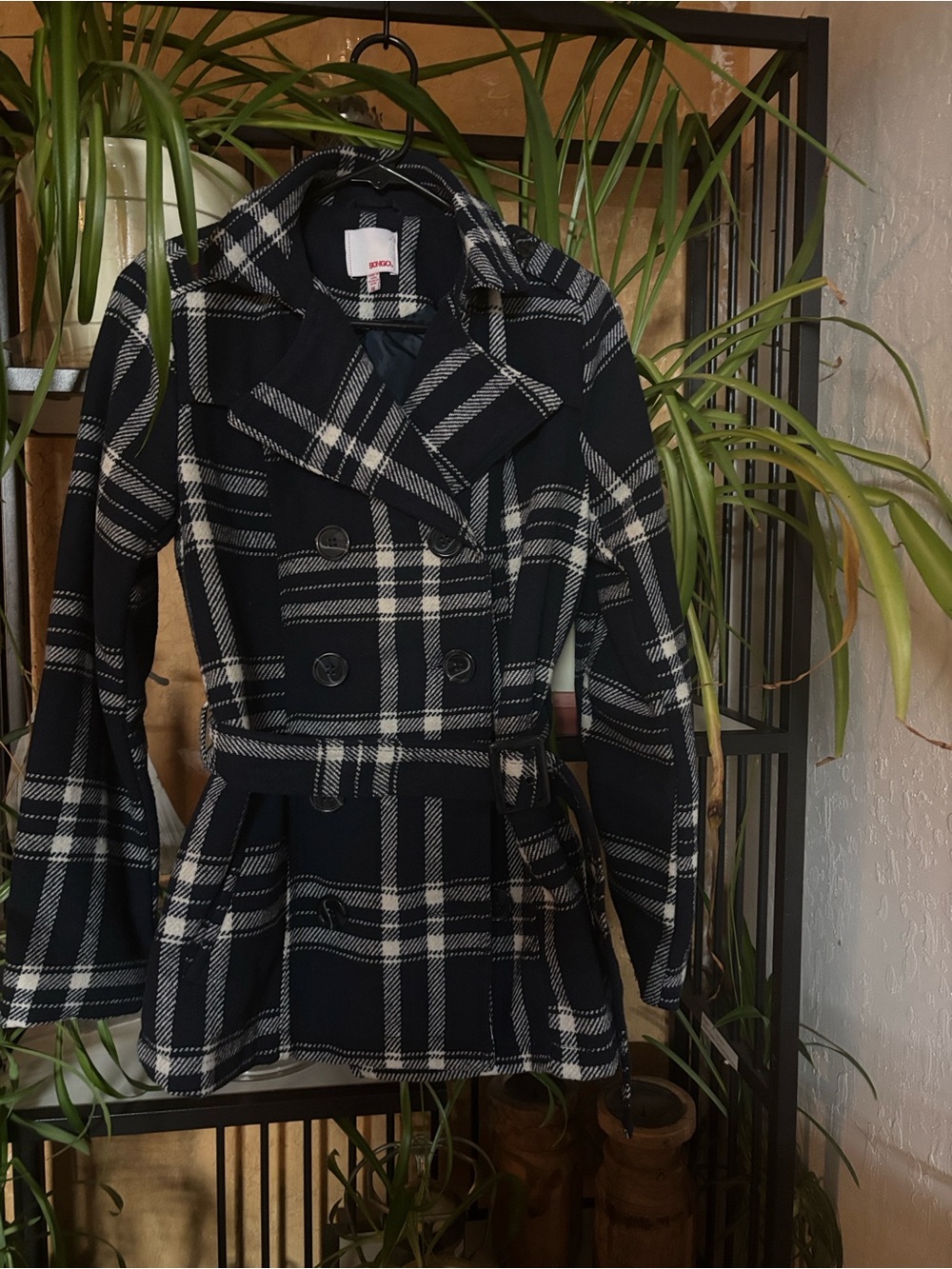 BONGO Black & White Plaid Double-Breasted Peacoat with Belt